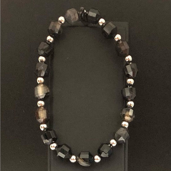 Natural Black Agate Bracelet Faceted Beads Barrel Shape Stretchable Bracelet - Picture 4 of 5